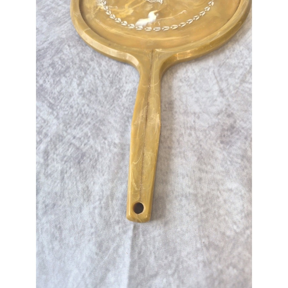 Vintage Large Hand Held Vanity Mirror with Floral Design 1950s Gold Tan - Picture 5 of 13